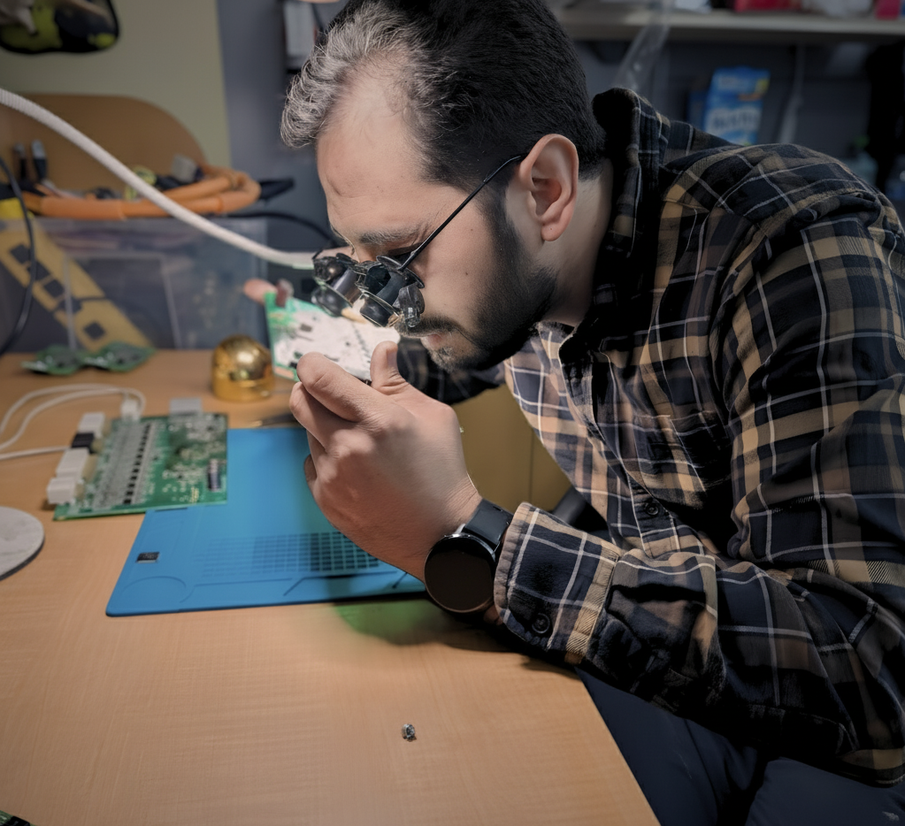 Close-up inspection of electronic chip during hybrid and EV battery diagnostics