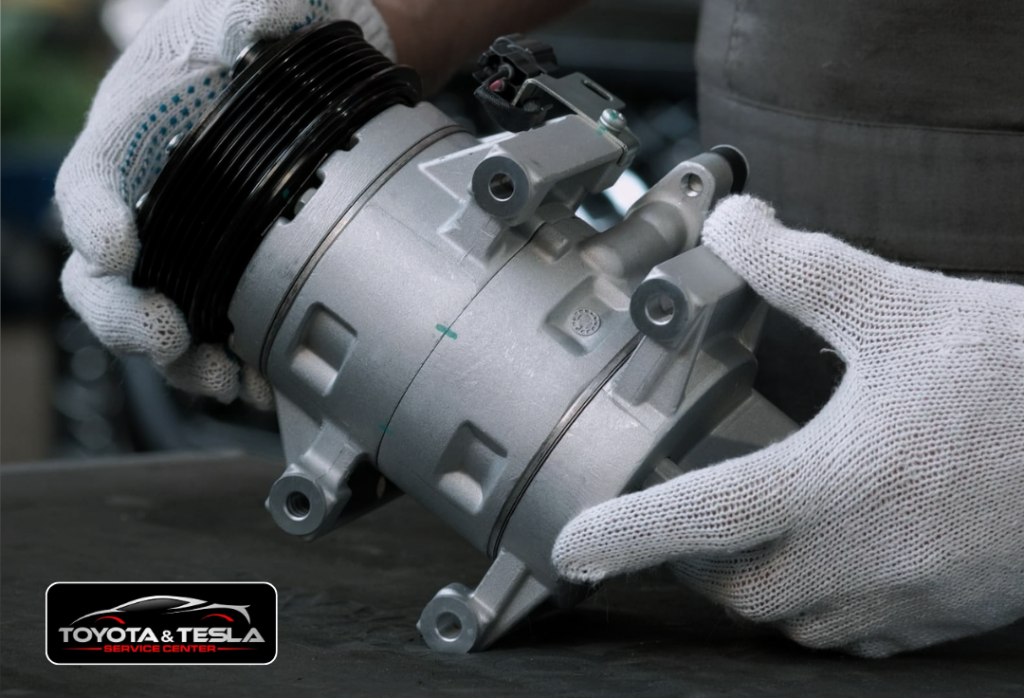 Hybrid and electric vehicle AC component repair at Toyota and Tesla Service Center in Santa Clara CA including electric compressors and HVAC systems