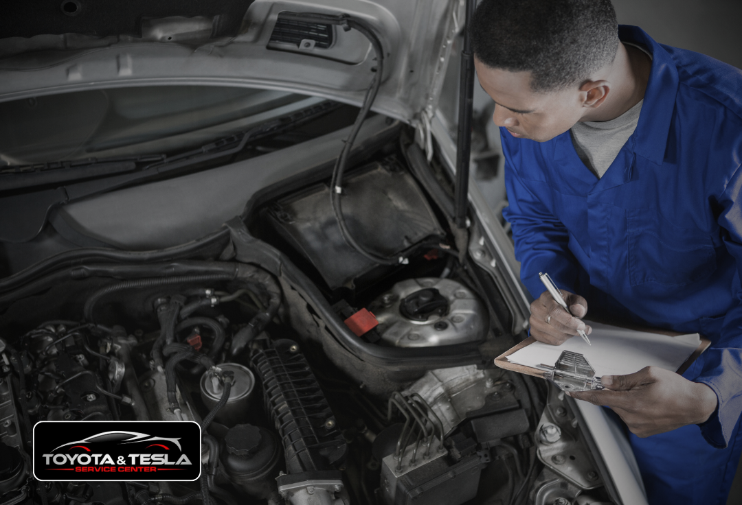 General vehicle inspection for Toyota Prius and Tesla with no maintenance history at Toyota and Tesla Service Center in Santa Clara, CA