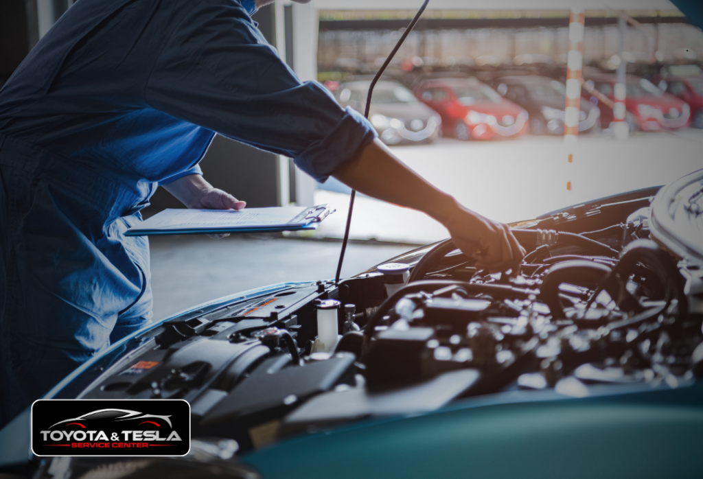 Routine maintenance service for Toyota Prius and Tesla vehicles at Toyota and Tesla Service Center in Santa Clara, CA